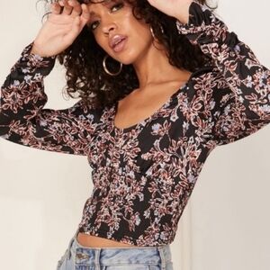 NWOT Free People Floral Long Sleeve Top Black and Pink Santiago Print Crop XS